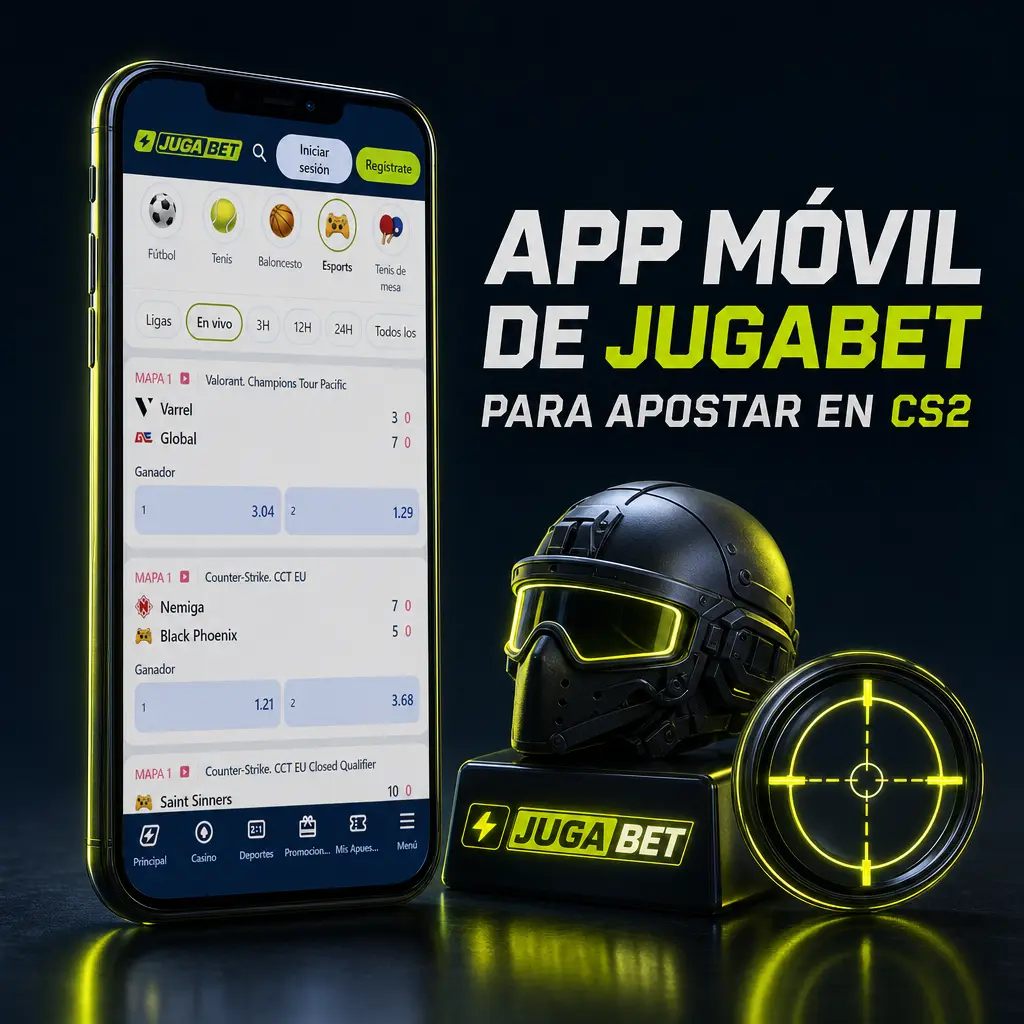 App móvil de Jugabet para apostar en CS2, con menú directo a eSports y notificaciones push en tiempo real.
