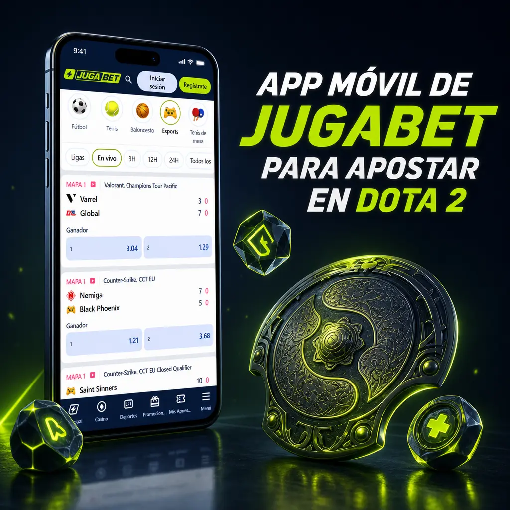 Captura de la app móvil de Jugabet mostrando mercados de esports y apuestas en vivo para Dota 2