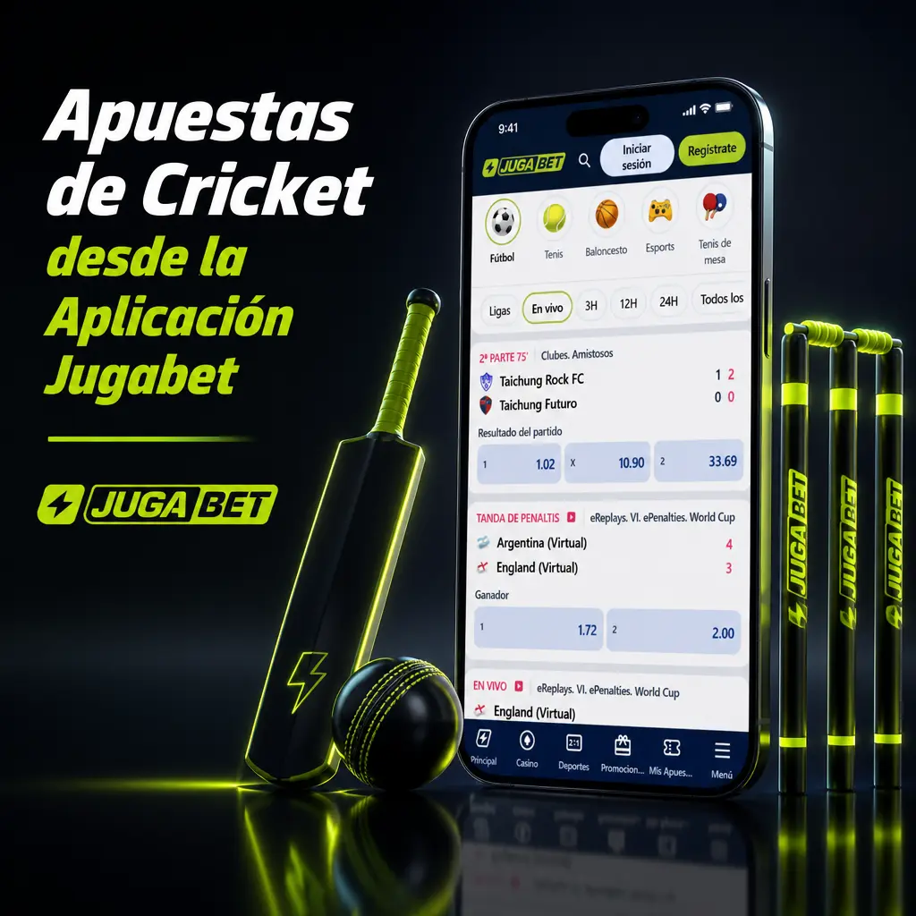 Aplicación móvil Jugabet para apostar en cricket con mercados pre-partido y en vivo desde Android o iOS.