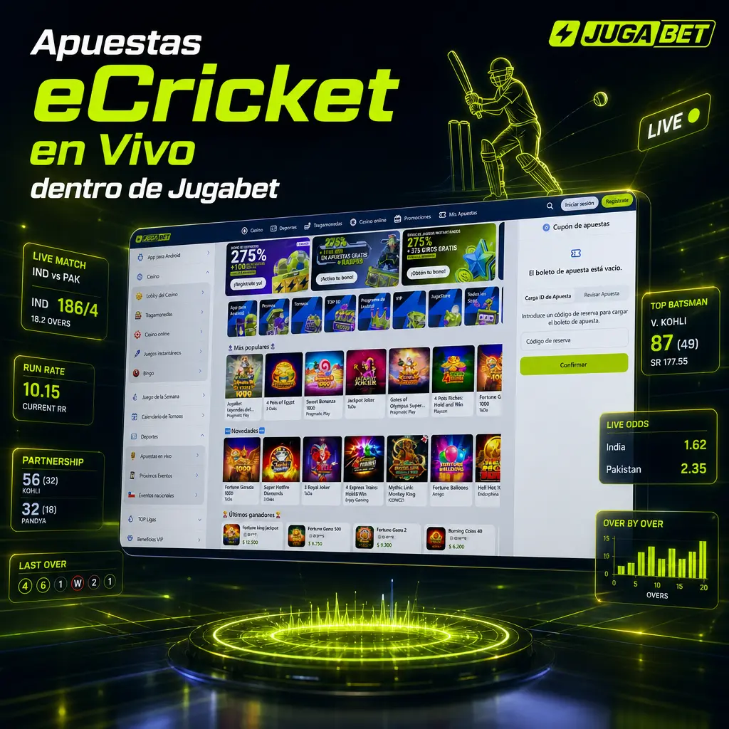 Cuotas eCricket en vivo de Jugabet con marcador, overs y wickets actualizados en tiempo real durante el partido.