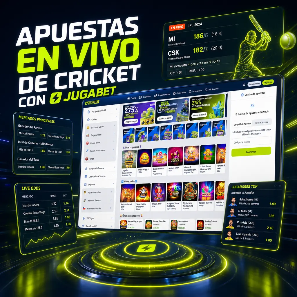 Interfaz de Jugabet mostrando apuestas en vivo de cricket con cuotas actualizadas, estadísticas por over y opción de cash out