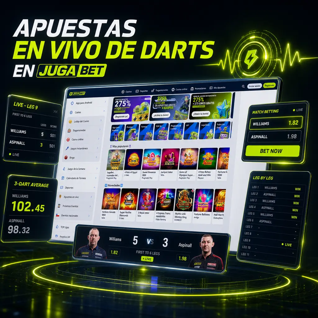 Cuotas de darts en vivo en Jugabet actualizadas leg por leg, con historial de sets y checkout disponible en el cupón.