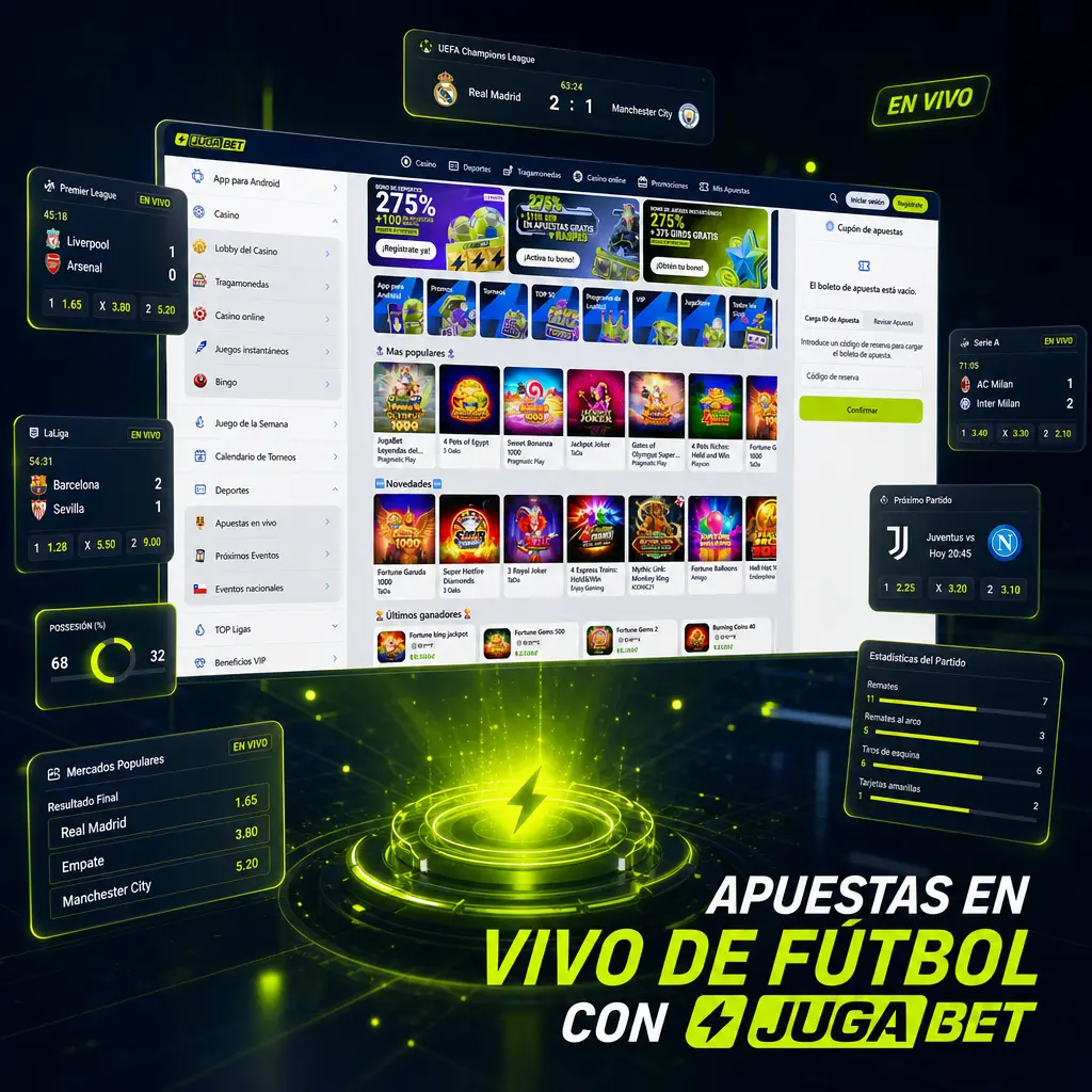 Interfaz de apuestas en vivo de fútbol en Jugabet con cuotas dinámicas, estadísticas del partido y mercados en tiempo real.