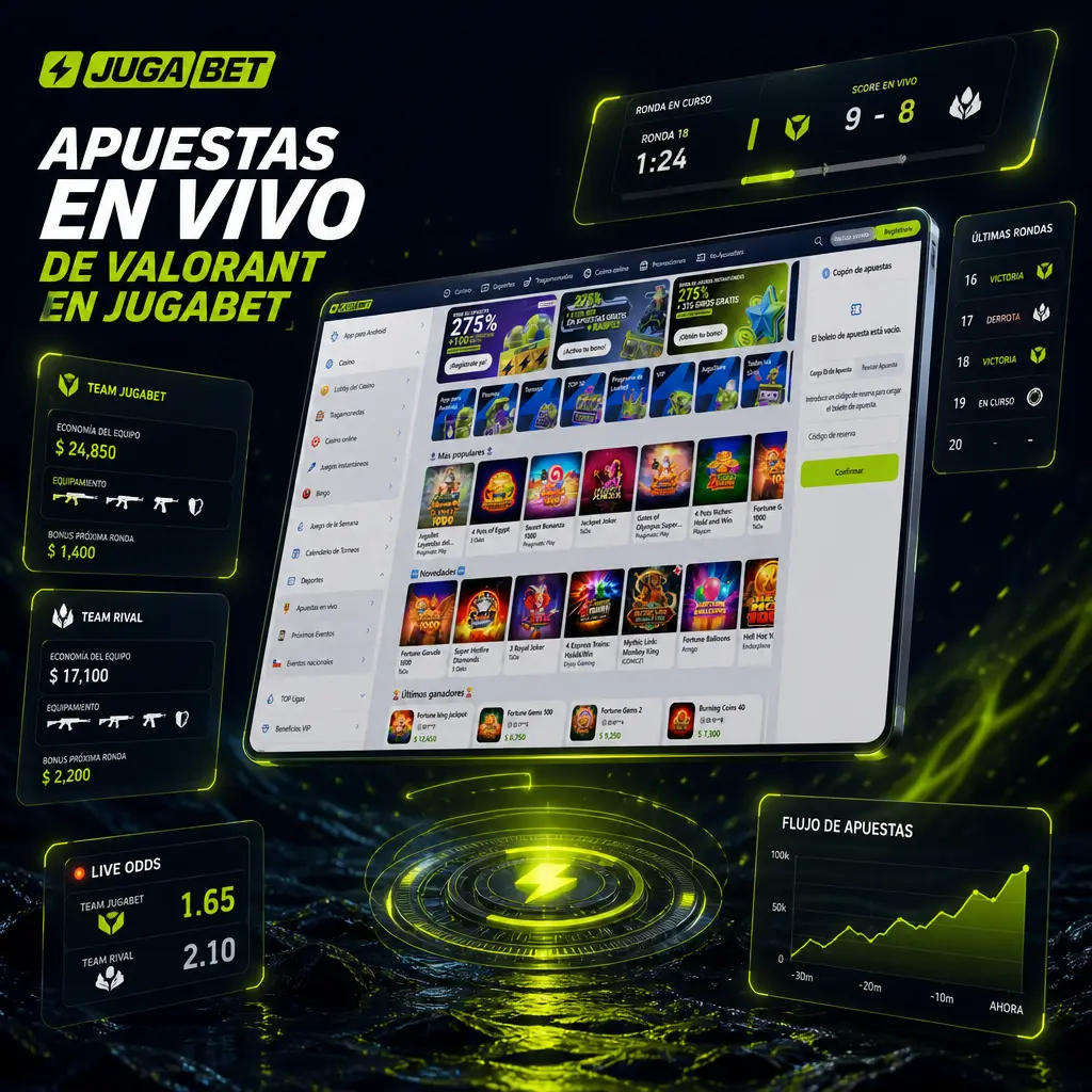 Apuestas en vivo de Valorant en Jugabet: cuotas por ronda, economía del equipo y stream de Twitch integrado en la plataforma.