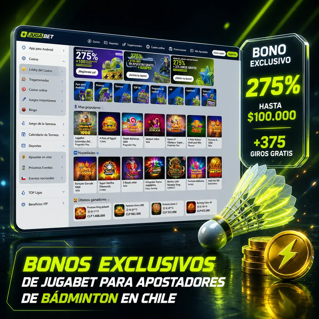Bono de depósito 20% de Jugabet Chile para apostar en bádminton, con cuotas mejoradas y seguro de multi apuesta en torneos BWF.