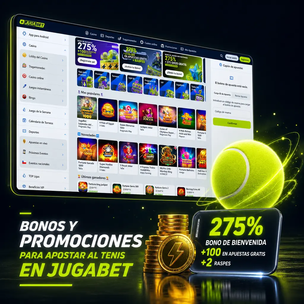 Bonos y promociones de Jugabet para apostar al tenis: 20% de bono de bienvenida y ofertas para Grand Slams.