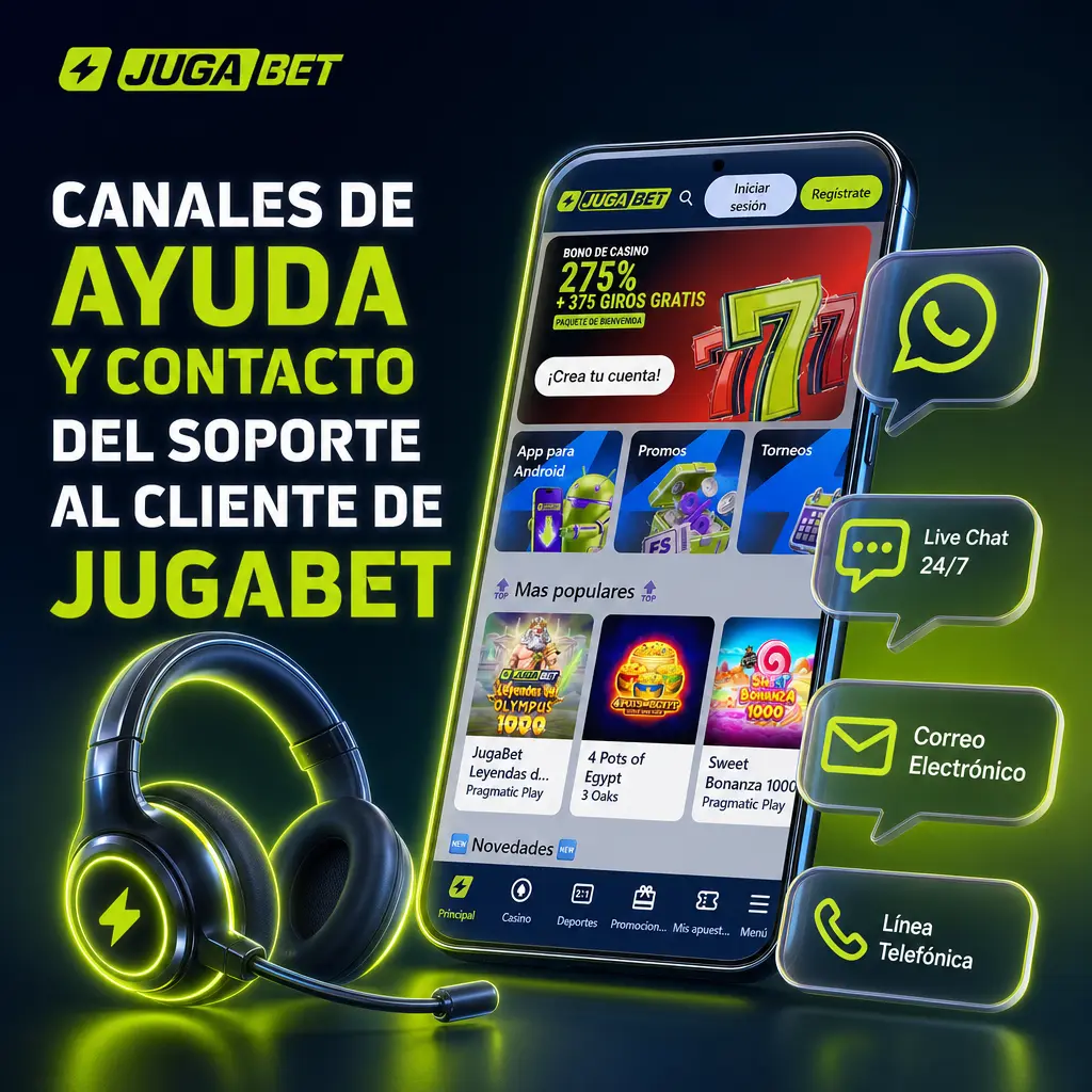 Canales de contacto de soporte al cliente Jugabet: chat en vivo, correo, WhatsApp y centro de ayuda con preguntas frecuentes.