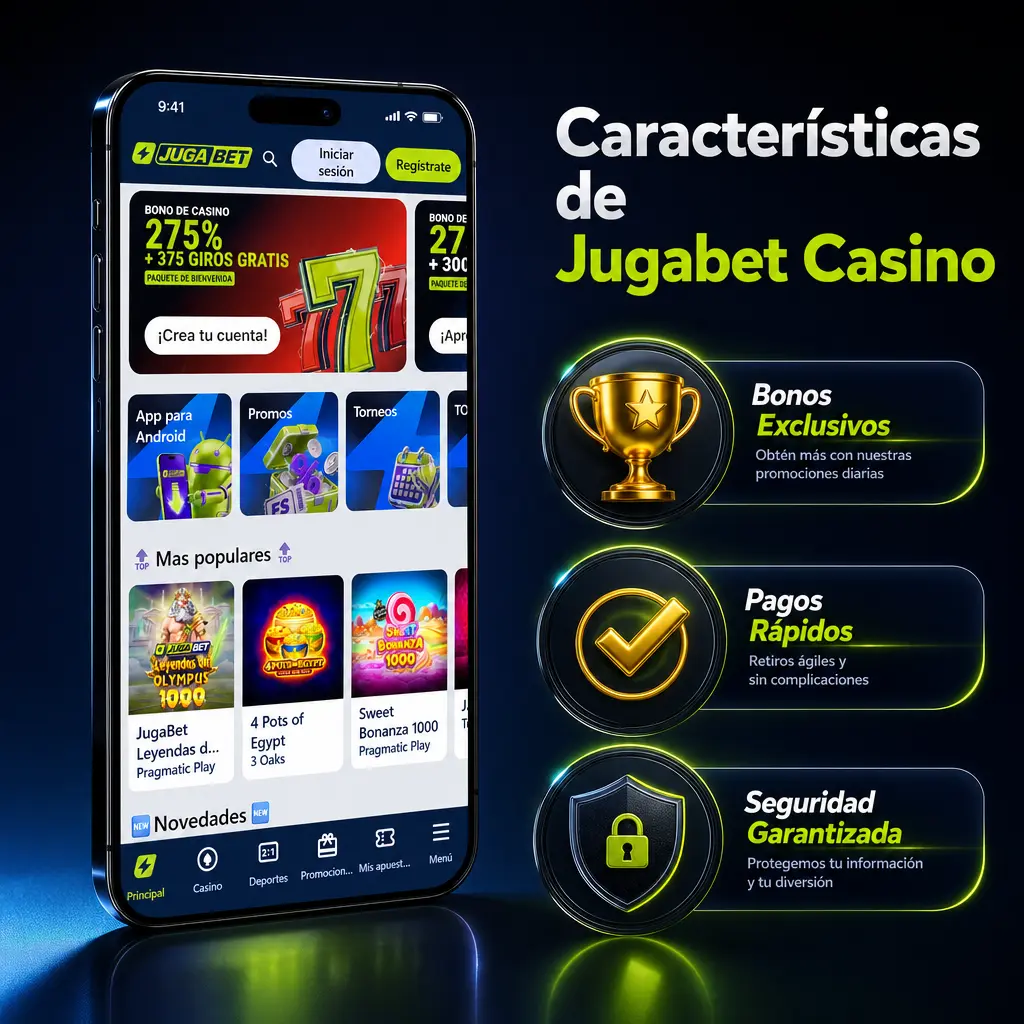 Características de Jugabet Casino: retiros en 24 horas, soporte 24/7, juego responsable, app móvil y licencia Curacao