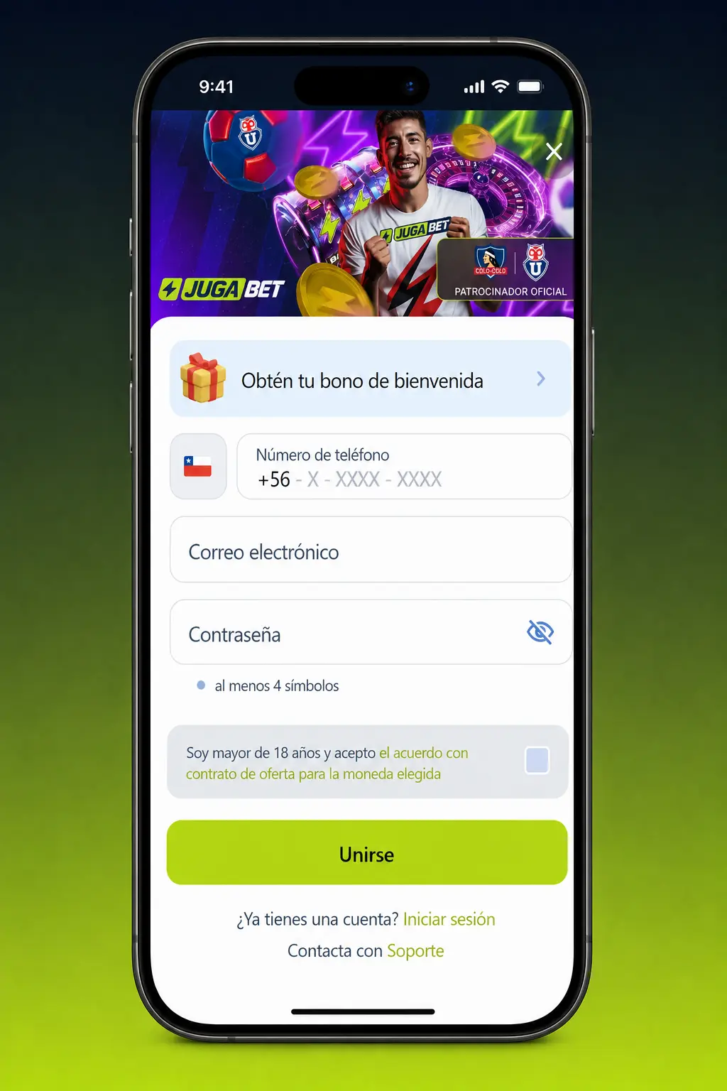 Pasos para crear una cuenta nueva en Jugabet: registro, datos personales, contraseña y verificación por código.
