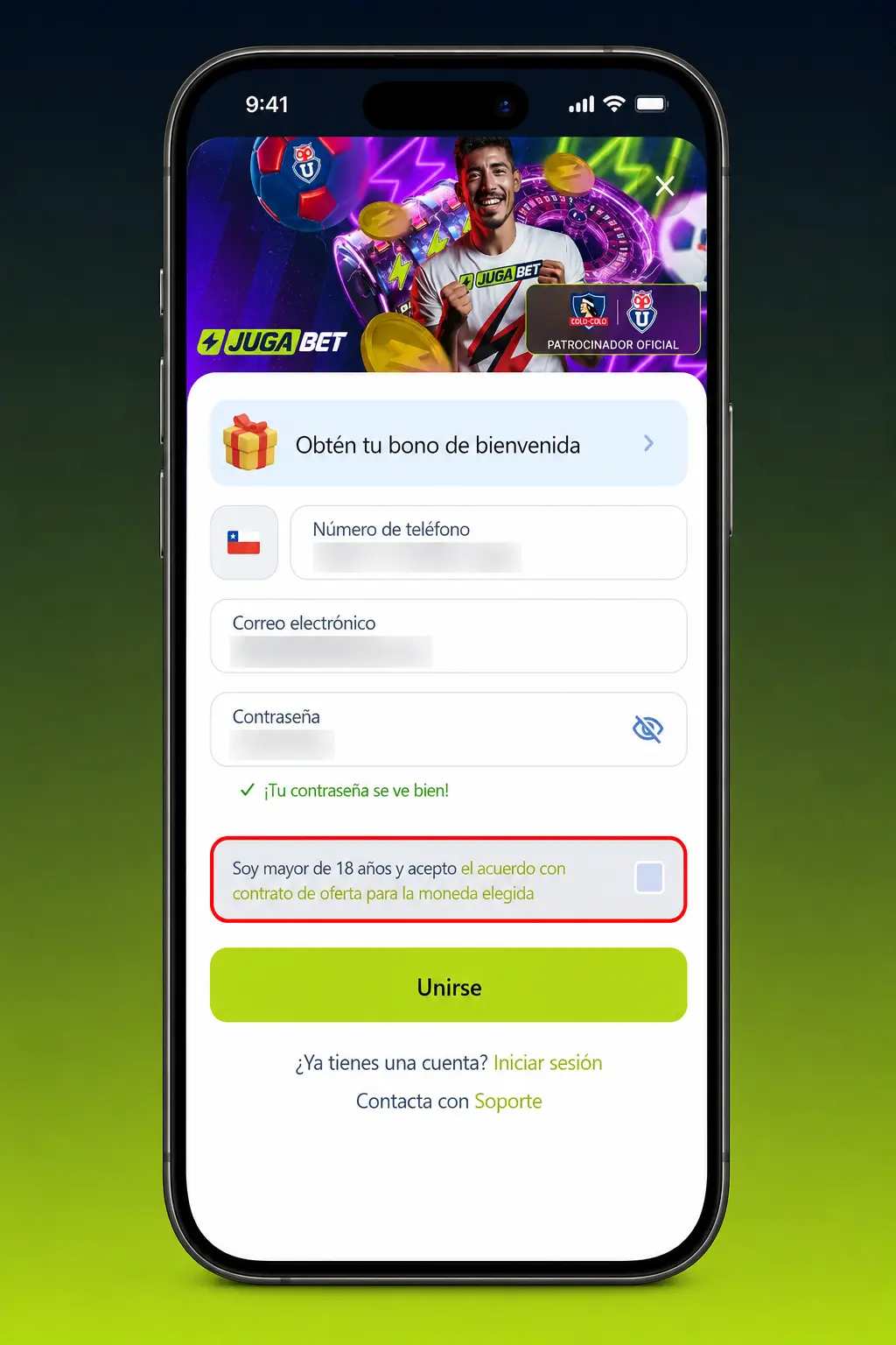 Pasos para crear una cuenta nueva en Jugabet: registro, datos personales, contraseña y verificación por código.