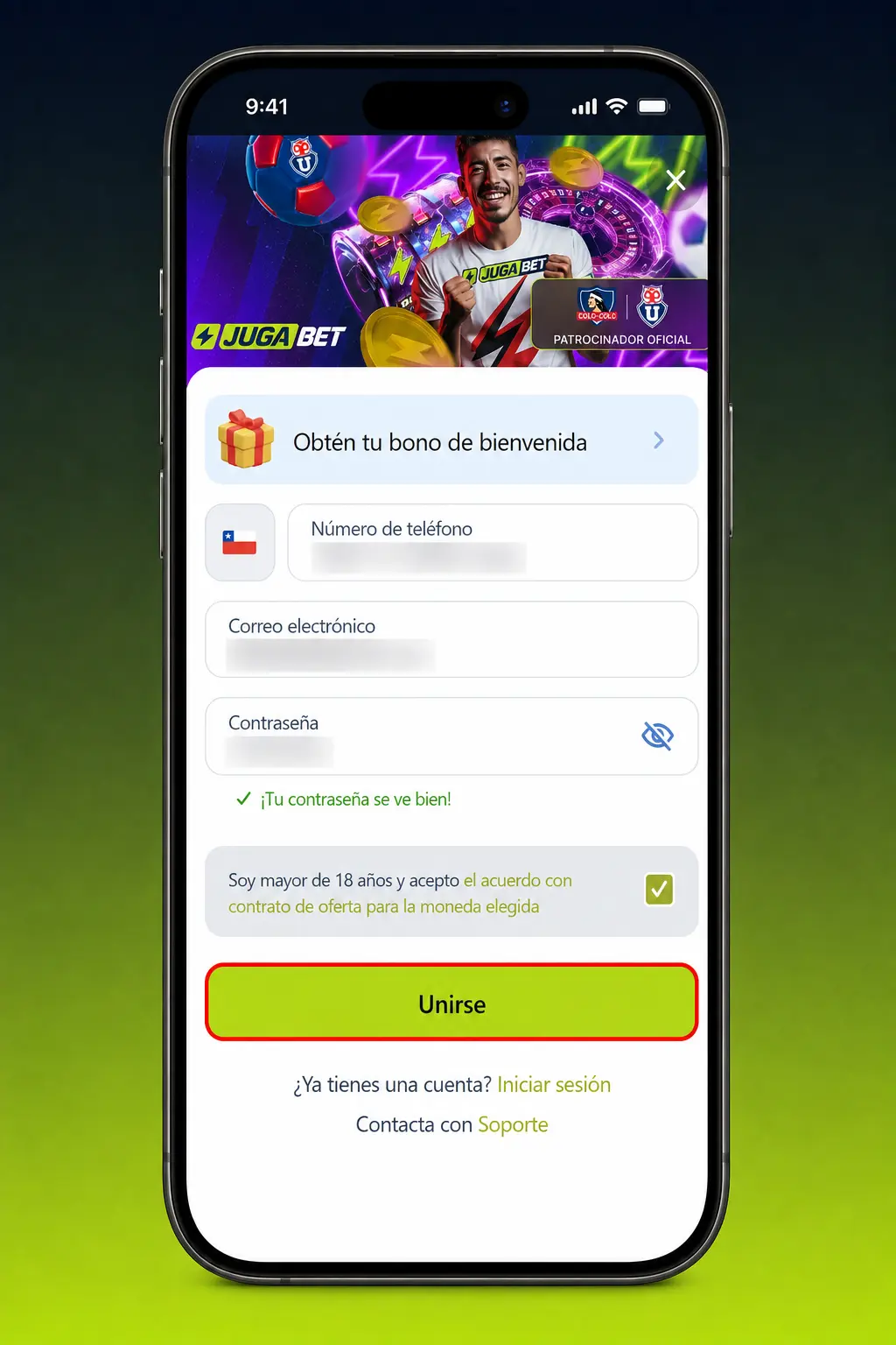 Pasos para crear una cuenta nueva en Jugabet: registro, datos personales, contraseña y verificación con código SMS o correo.