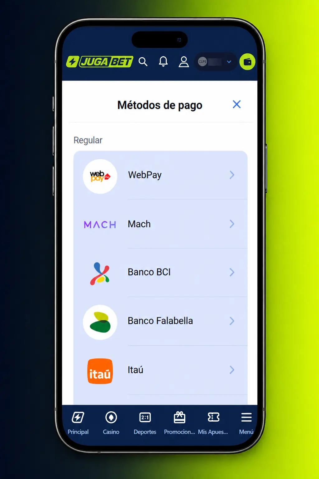 Pasos para depositar en Jugabet desde Chile usando WebPay, Mach, AstroPay, USDT o transferencia bancaria