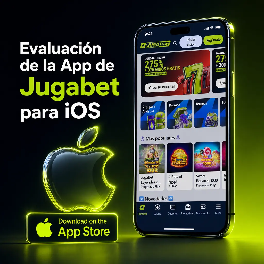 Captura de la app de Jugabet para iOS mostrando el catálogo de casino y cuotas deportivas en vivo en iPhone.