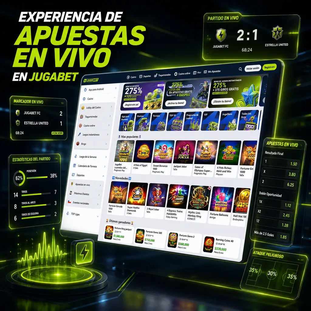 Panel de apuestas en vivo de Jugabet con cuotas actualizadas y estadísticas para fútbol, tenis, baloncesto y esports.