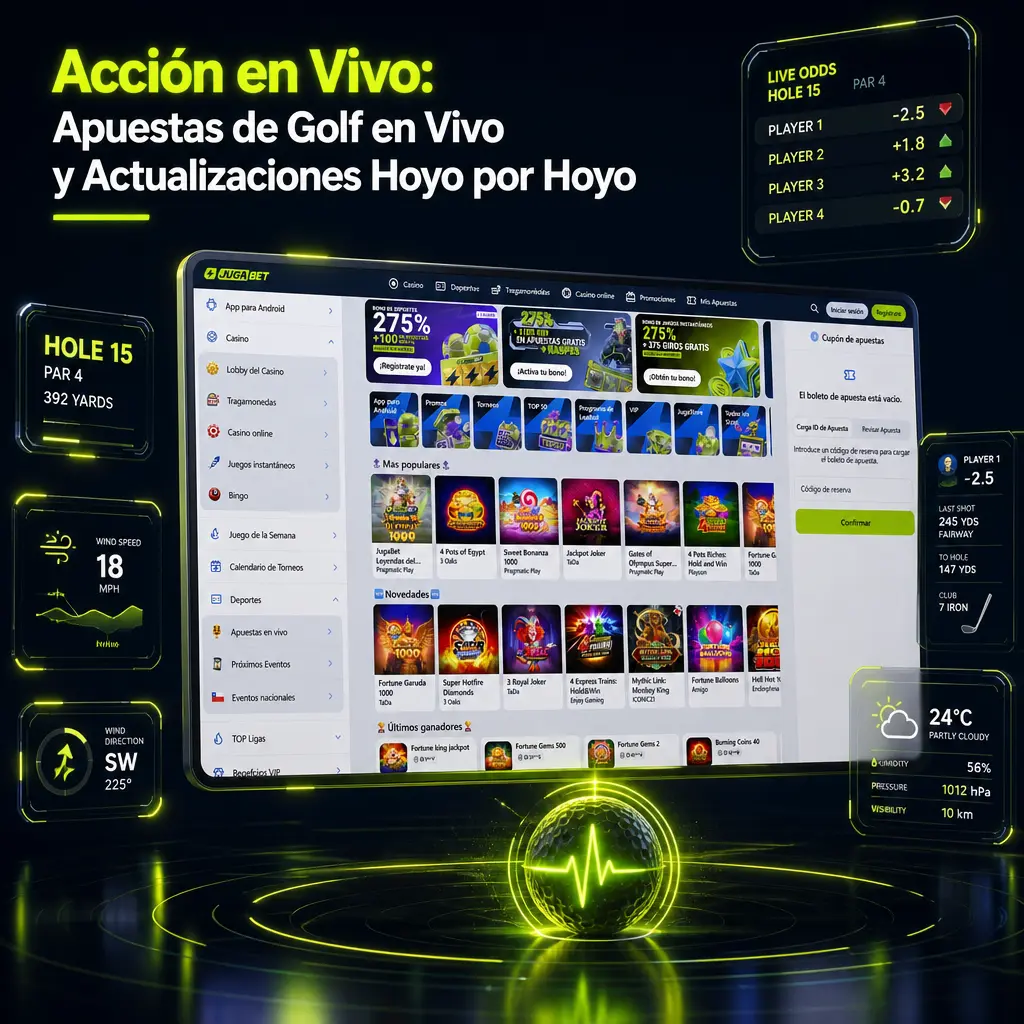 Cuotas en vivo de golf en Jugabet: apuestas por hoyo, líder de ronda y ganador del torneo actualizados en tiempo real.