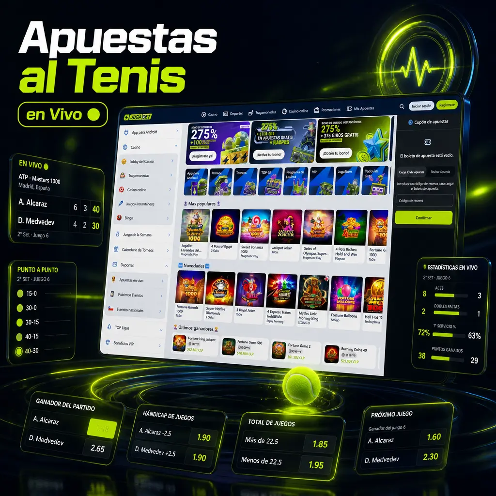 Apuestas al tenis en vivo en Jugabet con cuotas actualizadas al instante y estadísticas del partido en tiempo real.