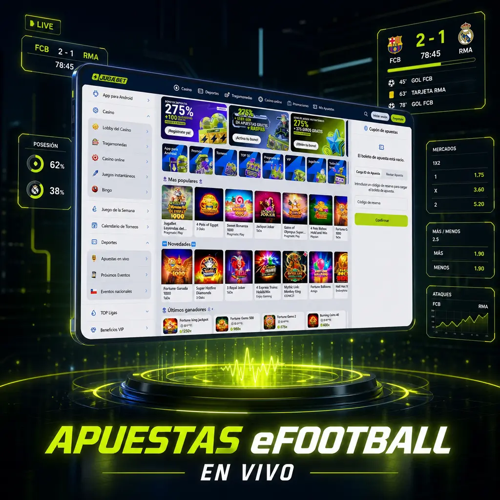 Cuotas de eFootball en vivo actualizándose en tiempo real dentro de la plataforma de apuestas Jugabet.