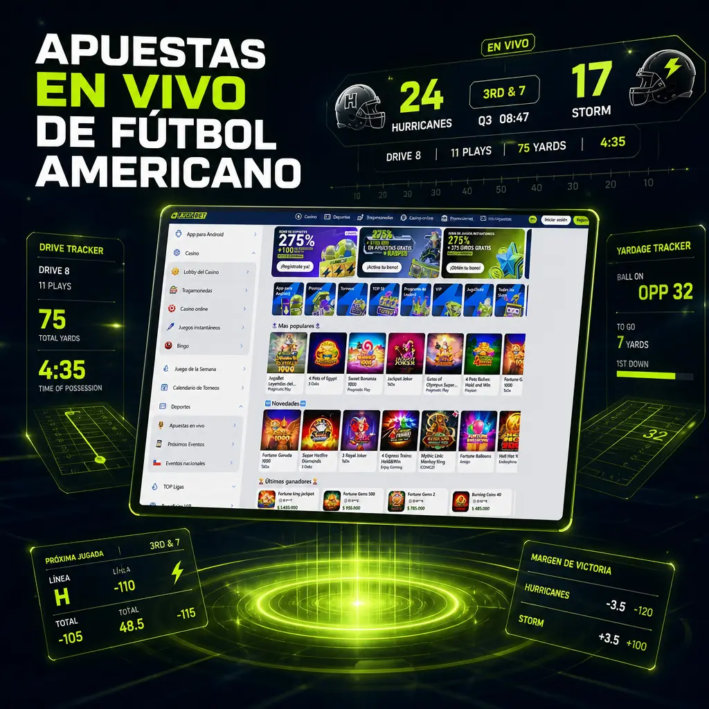 Apuestas en vivo de fútbol americano en Jugabet con cuotas actualizadas jugada por jugada, estadísticas y marcador en tiempo real.