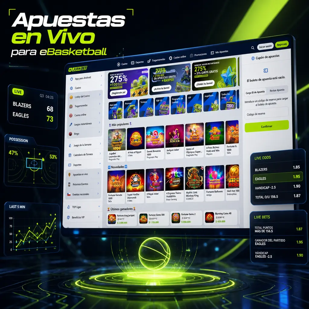 Cuotas en vivo de eBasketball en Jugabet con marcador, reloj sincronizado y transmisión integrada en la ficha del evento.