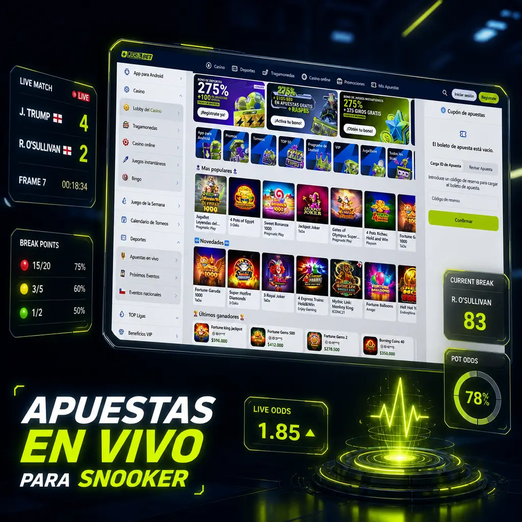 Cuotas de snooker en vivo en Jugabet: apuesta al ganador del frame, próximo break y puntos restantes en la mesa.