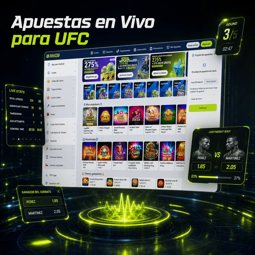 Apuestas en vivo de UFC en Jugabet con cuotas MMA actualizadas por round y estadísticas de combate en tiempo real.