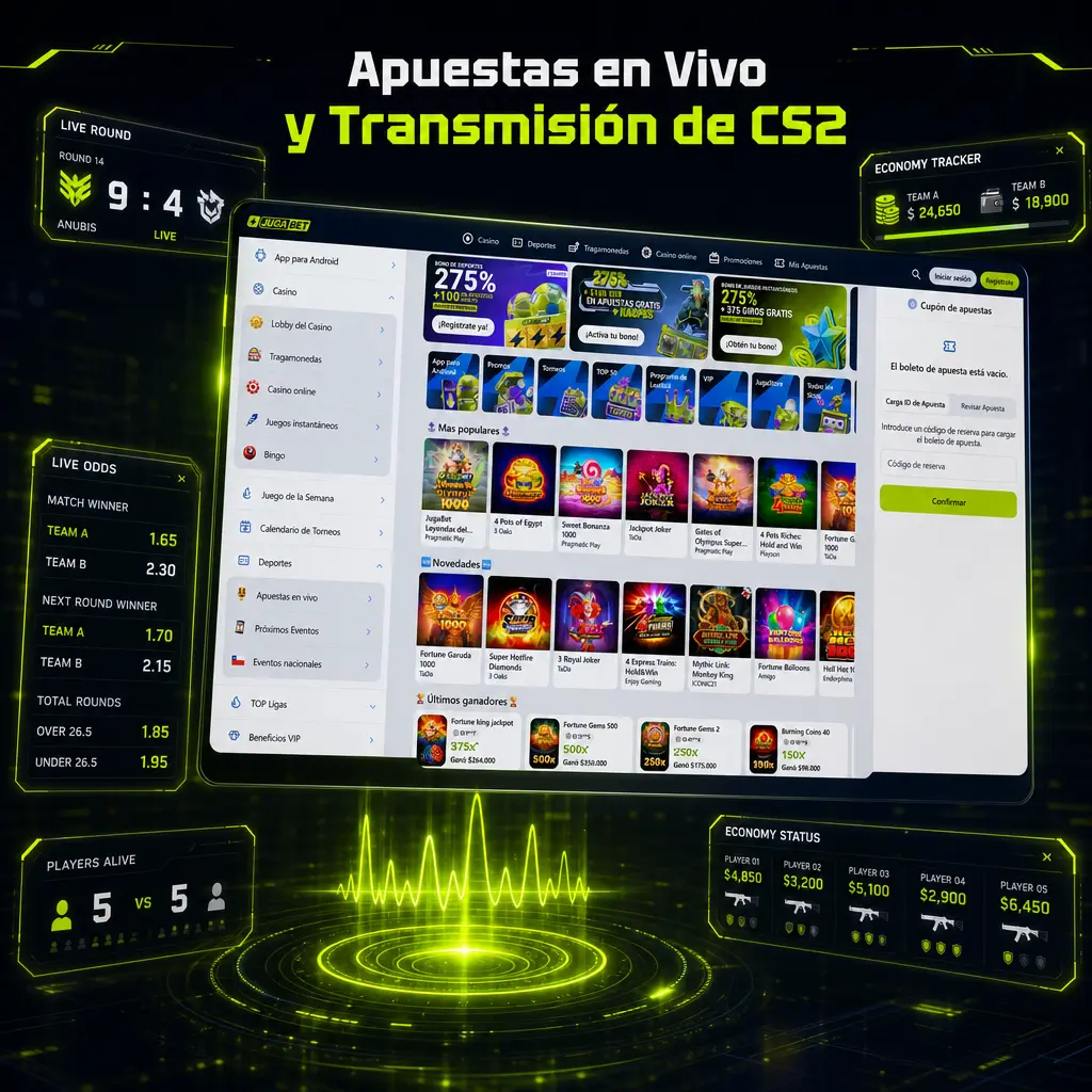 Transmisión en vivo de CS2 en Jugabet con marcador por ronda, datos económicos y apuestas en tiempo real desde Twitch.