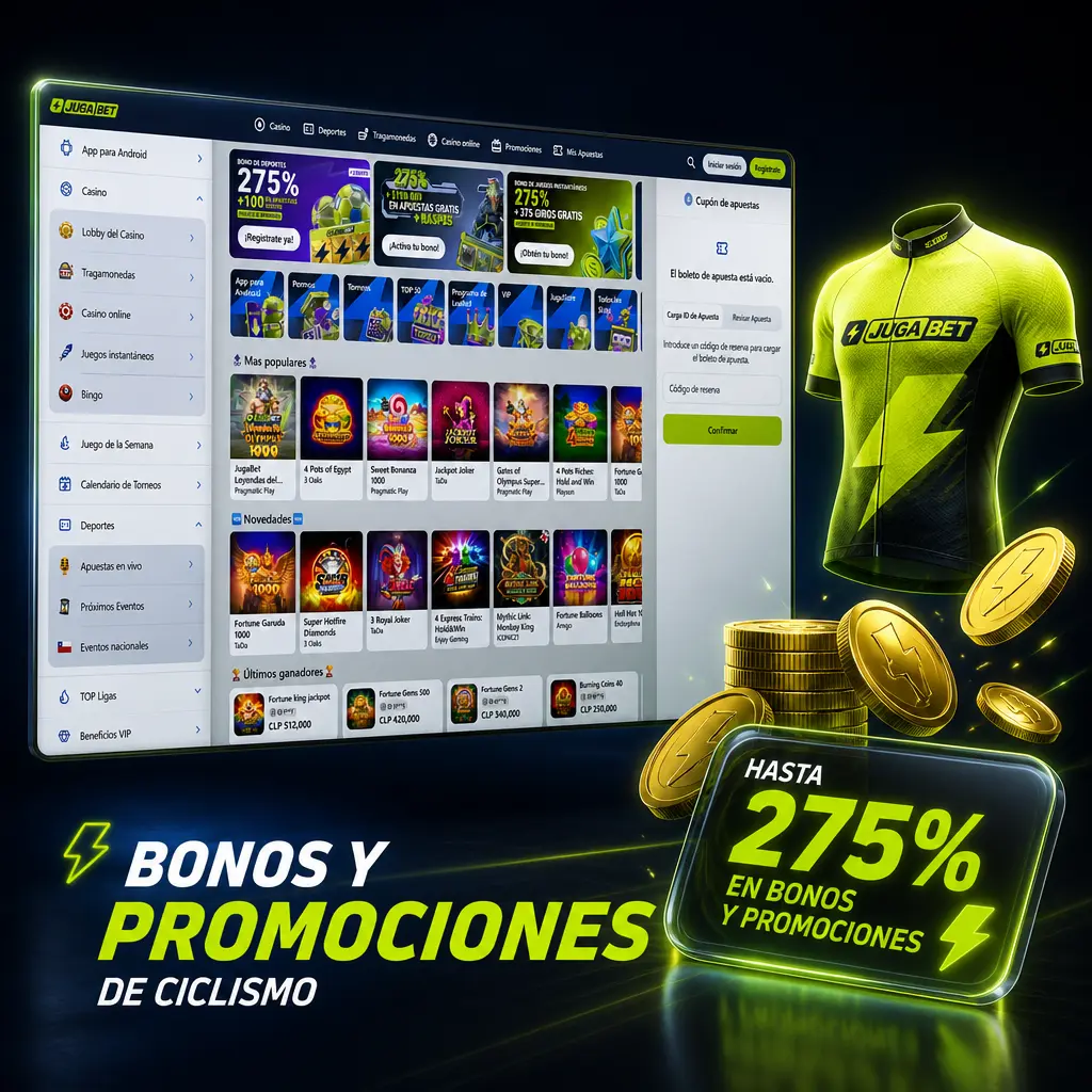 Bono de bienvenida 20% en Jugabet para apuestas de ciclismo UCI WorldTour, recargas semanales y seguro en Grandes Vueltas.