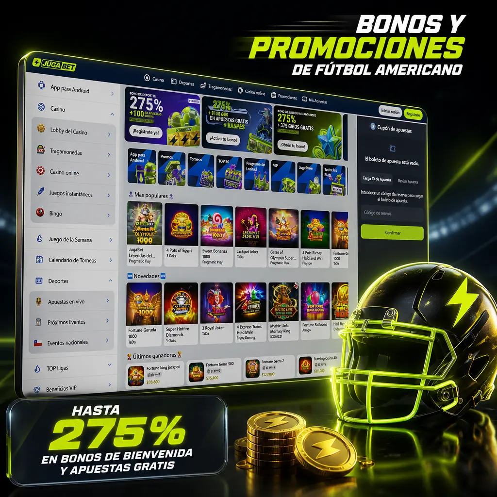 Bono de bienvenida 20% en Jugabet para apostar en NFL y NCAA, más cuotas mejoradas en playoffs y Super Bowl.