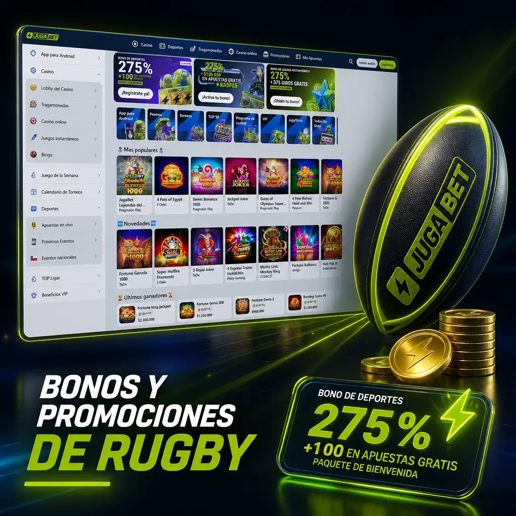 Bono del 20% en primer depósito de Jugabet para apostar en rugby: Rugby World Cup, Six Nations y Super Rugby