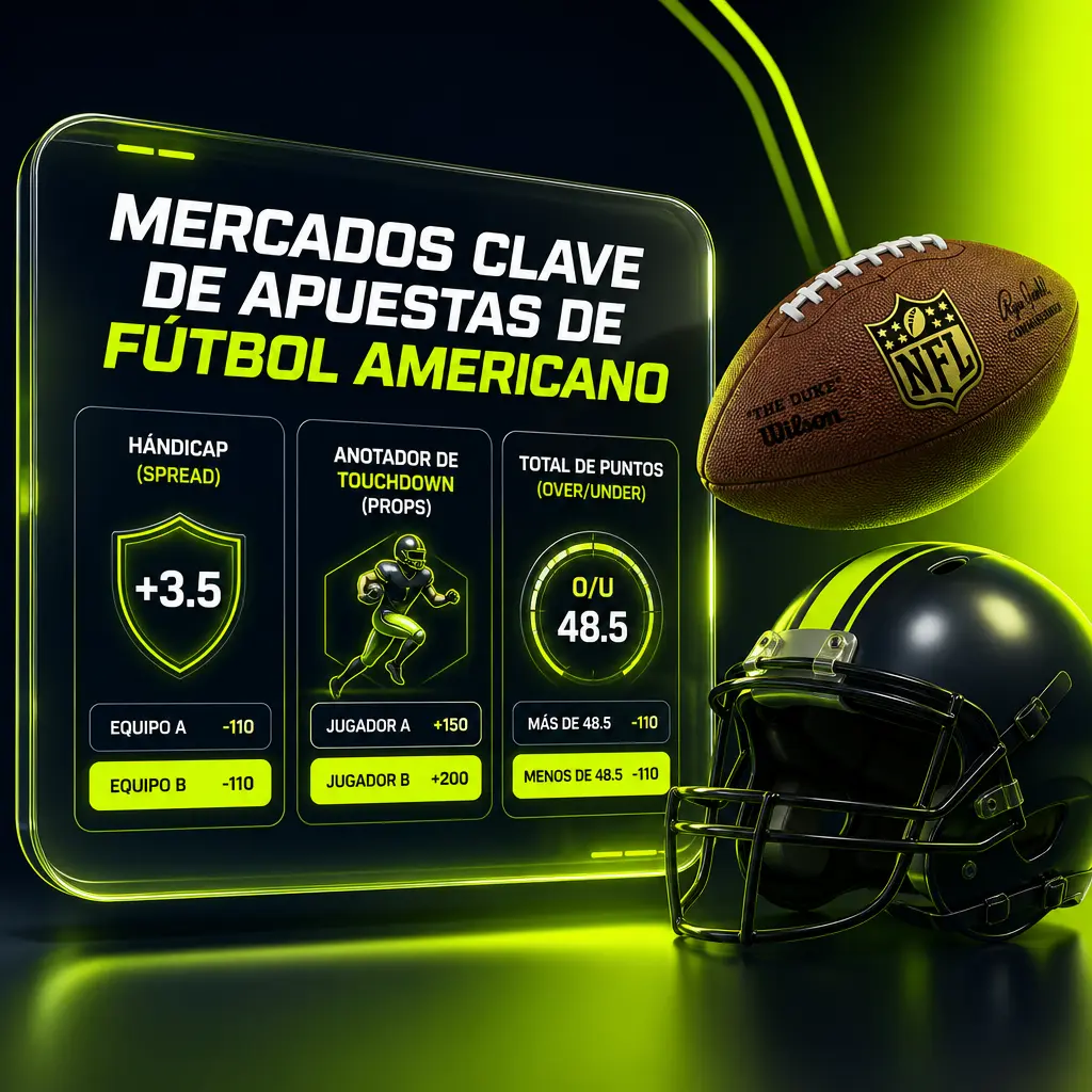 Principales mercados de apuestas de fútbol americano en Jugabet: spread, money line, totales, apuestas de jugador, margen de victoria y parlays.