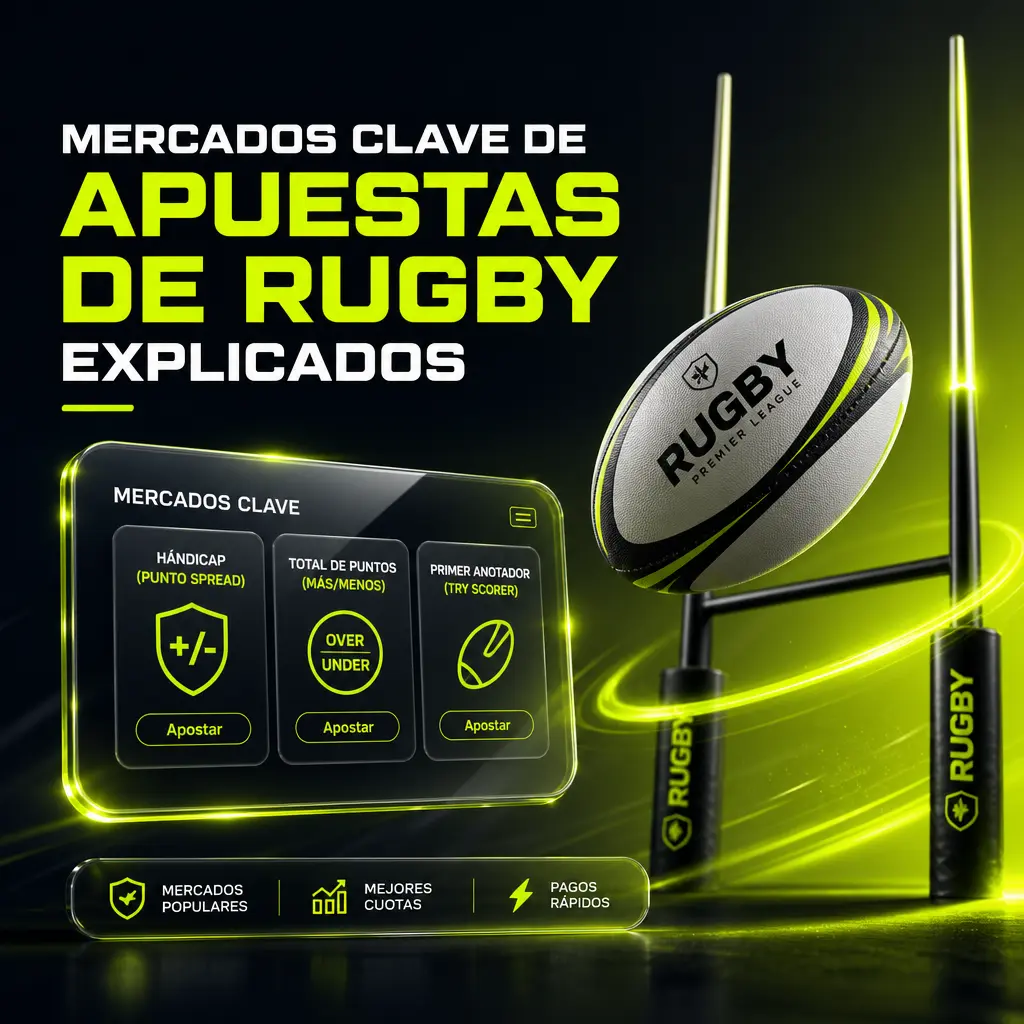 Mercados de apuestas de rugby en Jugabet: hándicap, ganador, total de puntos, primer try y margen de victoria.