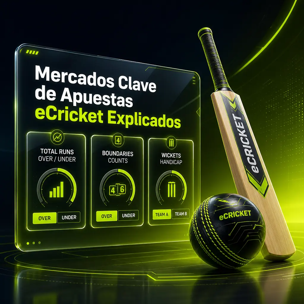 Mercados de apuestas eCricket en Jugabet: ganador, total de carreras, límites, sociedad de apertura, wickets y hándicap.