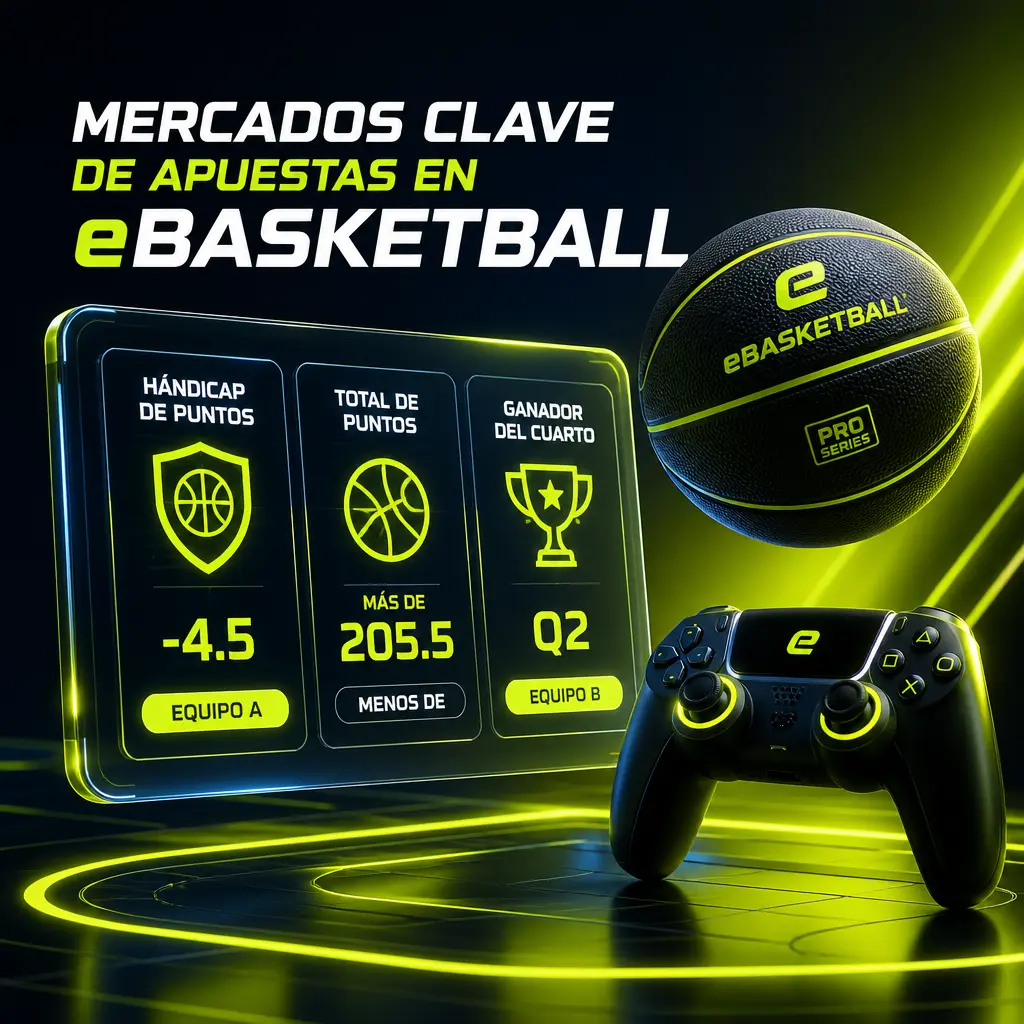 Mercados de apuestas de eBasketball en Jugabet: hándicap, ganador, total de puntos y más opciones por cuarto o jugador.