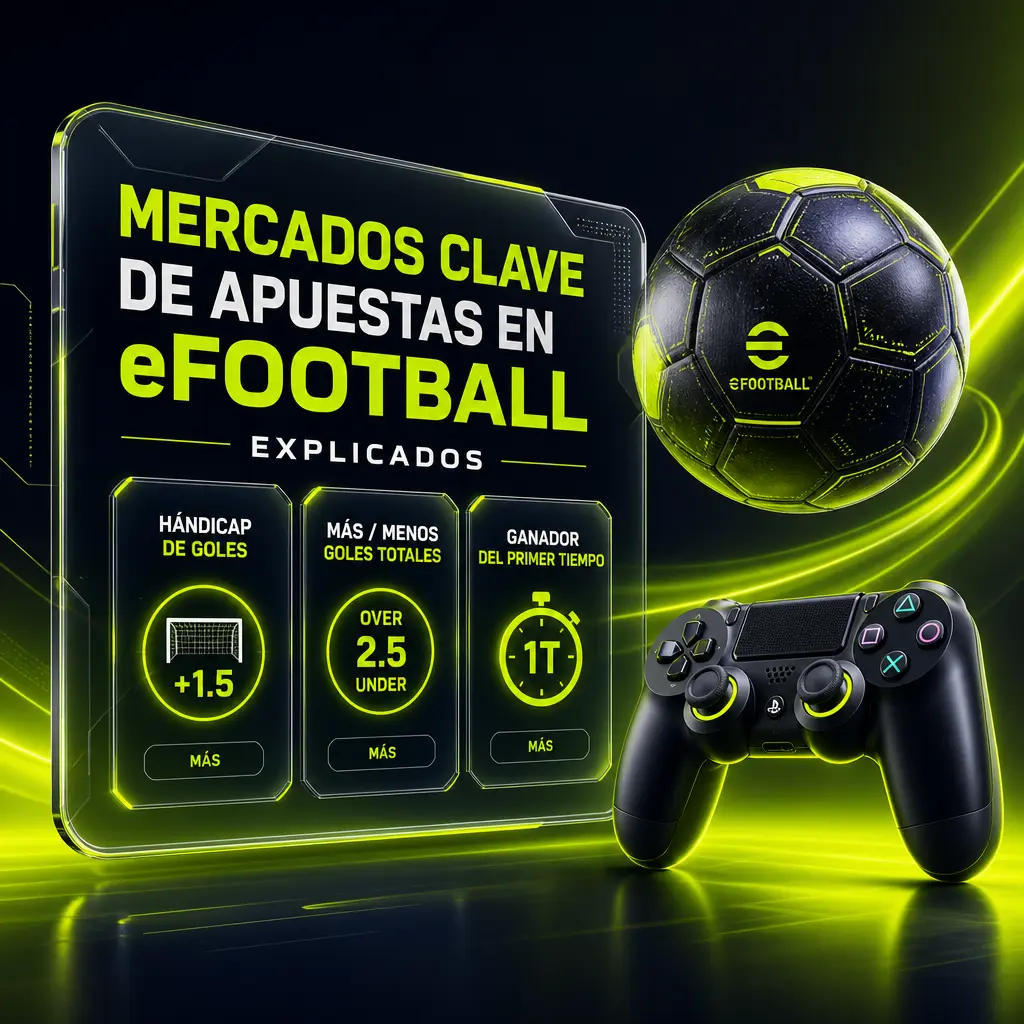 Mercados de apuestas en eFootball de Jugabet: línea de dinero, hándicap, over/under, BTTS y marcador exacto