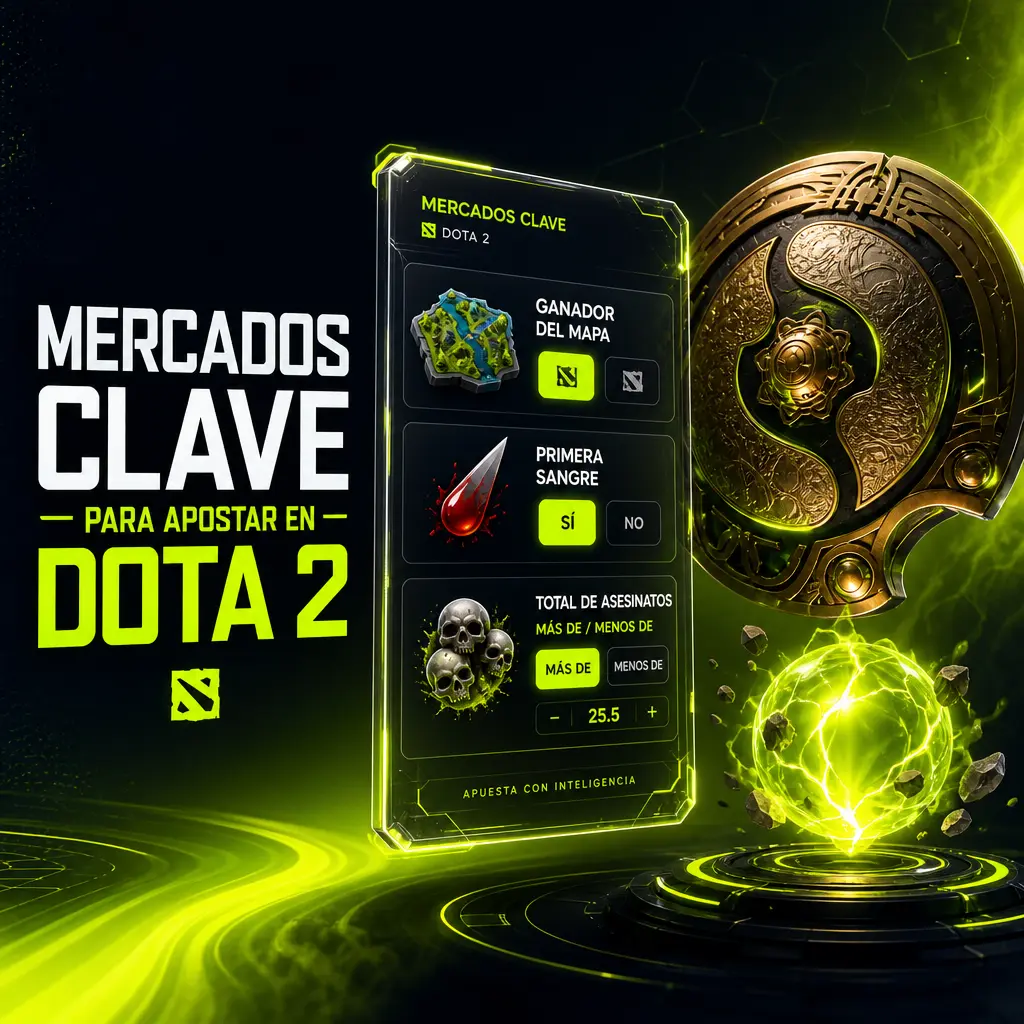 Mercados de apuestas en Jugabet para Dota 2: ganador, hándicap de mapas, total de kills, primera sangre y primer Roshan.