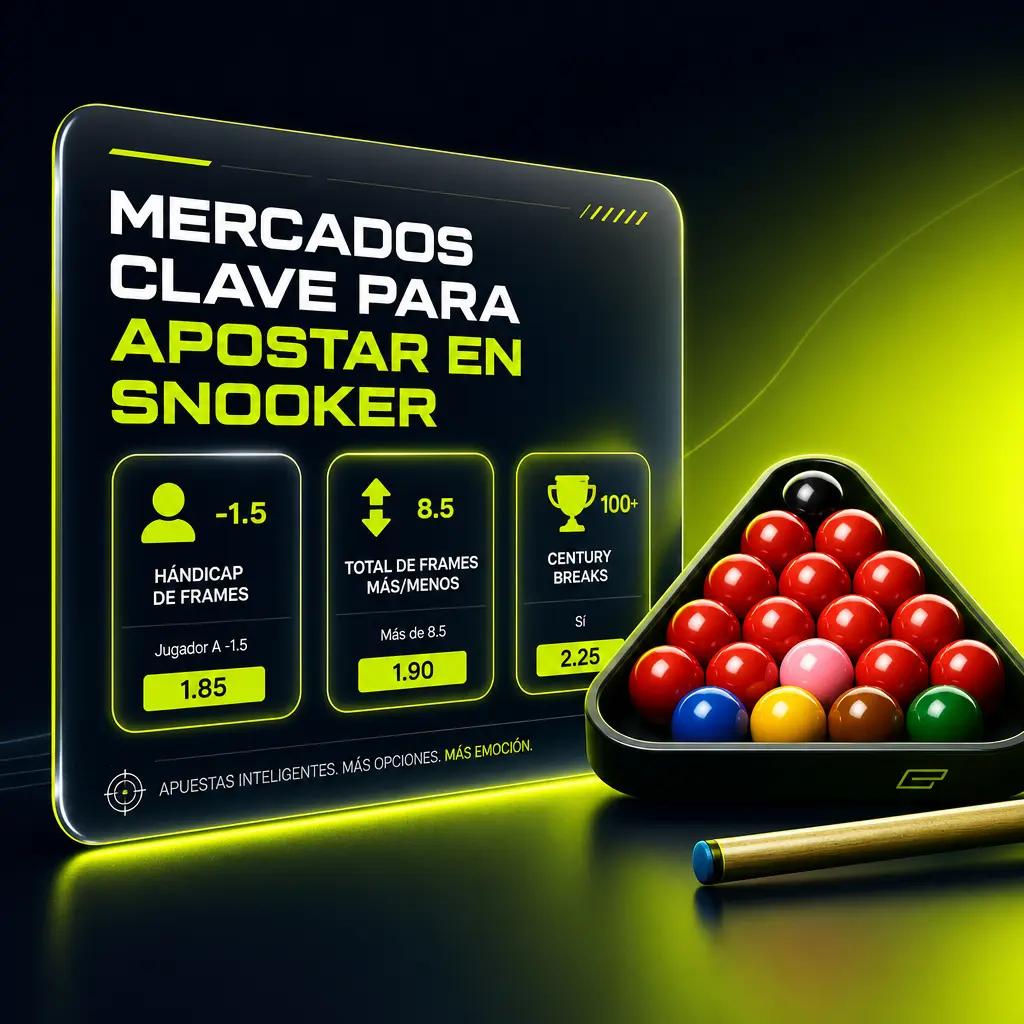 Mercados de apuestas de snooker en Jugabet: ganador del partido, hándicap de frames, century breaks y marcador exacto.