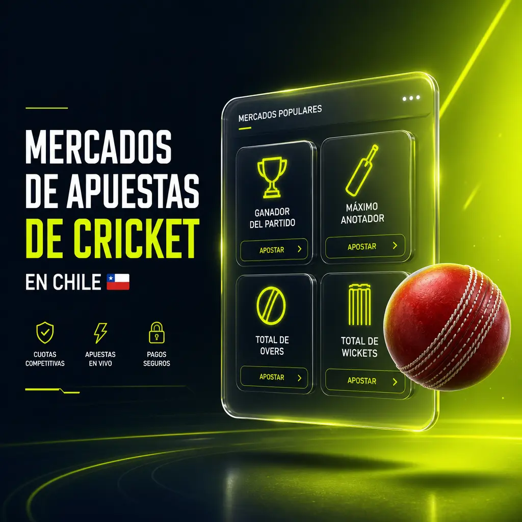 Mercados de apuestas de cricket en Jugabet Chile: ganador, total de carreras, máximo bateador, wickets y más para T20, ODI y Test.