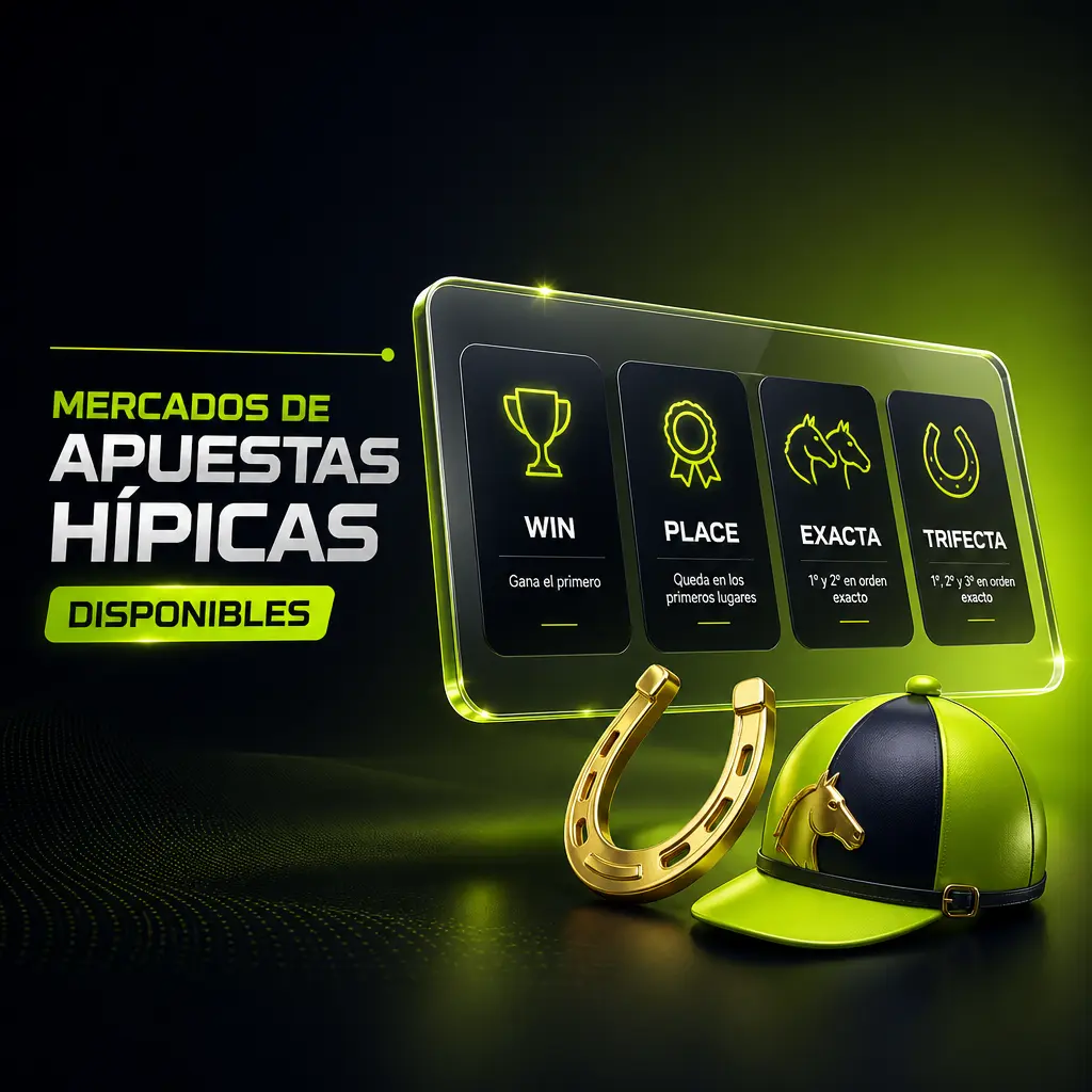 Catálogo de mercados hípicos en Jugabet: ganador, place, show, exacta, trifecta y each way para apostar en carreras de caballos.