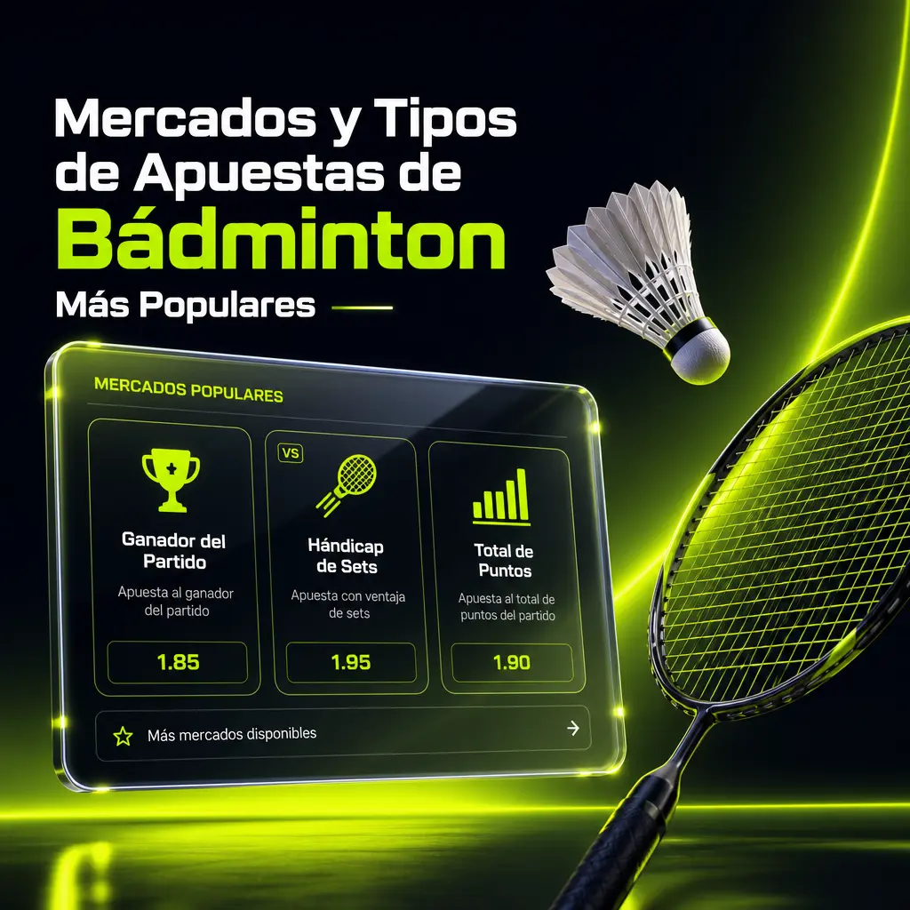 Mercados y tipos de apuestas de bádminton en Jugabet: ganador del partido, hándicap de sets, total de puntos y props en vivo.