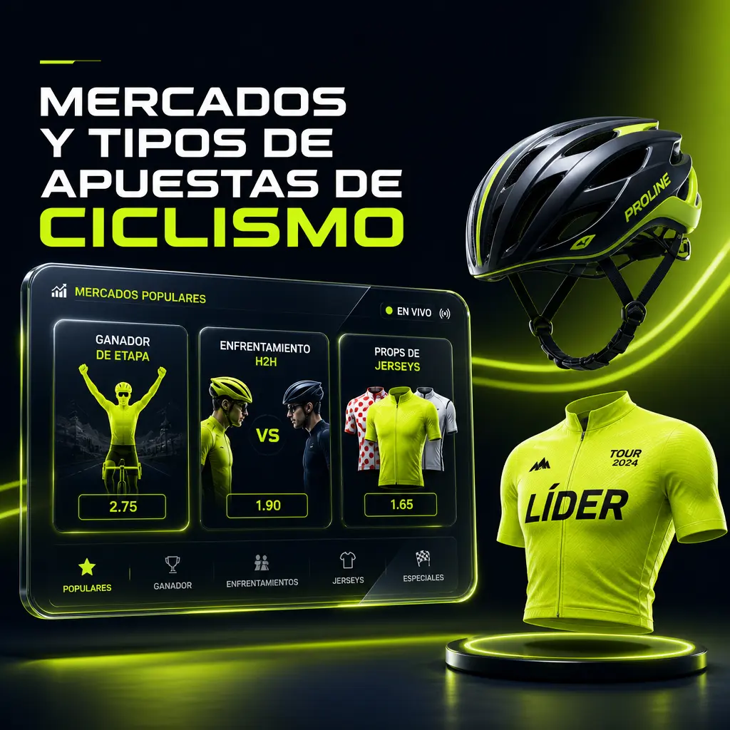 Mercados y tipos de apuestas de ciclismo en Jugabet: ganador general, etapa, cabeza a cabeza, puntos, montaña, top 10 y equipos.