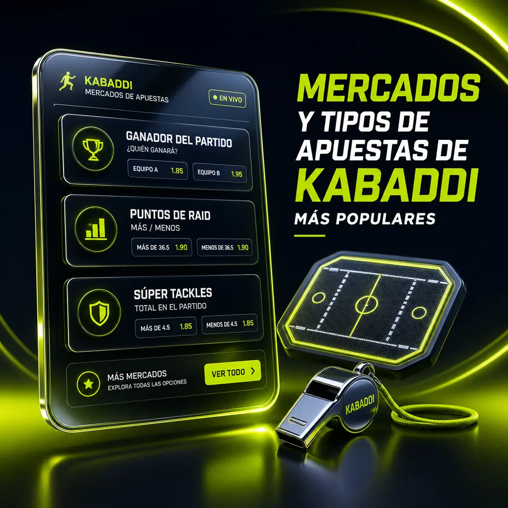Mercados y tipos de apuestas de Kabaddi en Jugabet: ganador, puntos totales, raids, tackles y super tackles.