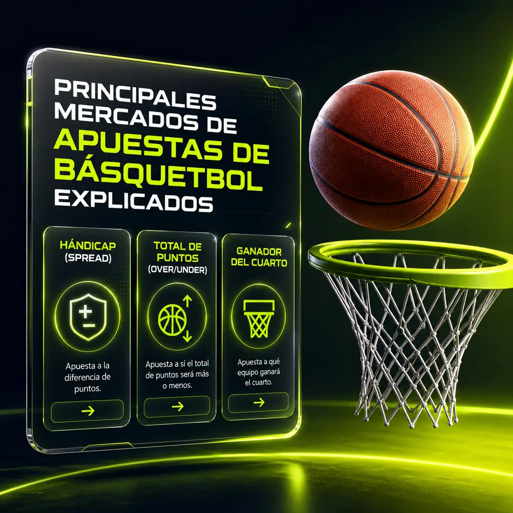 Guía de los principales mercados de apuestas de básquetbol en Jugabet: hándicap, moneyline, total de puntos, cuartos y props de jugador.