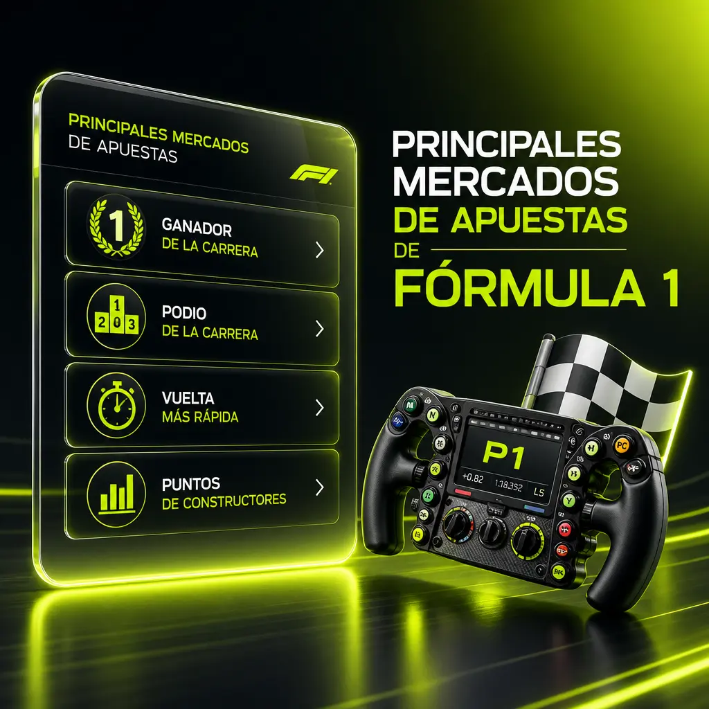 Principales mercados de apuestas de Fórmula 1 en Jugabet: ganador de carrera, podio, vuelta rápida, clasificación y campeón de constructores.