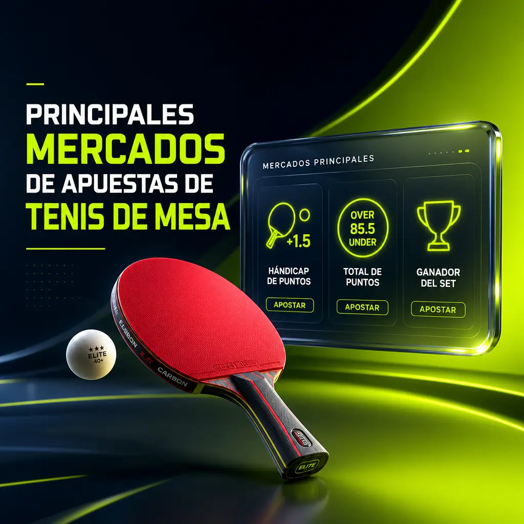 Principales mercados de apuestas de tenis de mesa en Jugabet: ganador, hándicap de sets, total de puntos y marcador exacto.