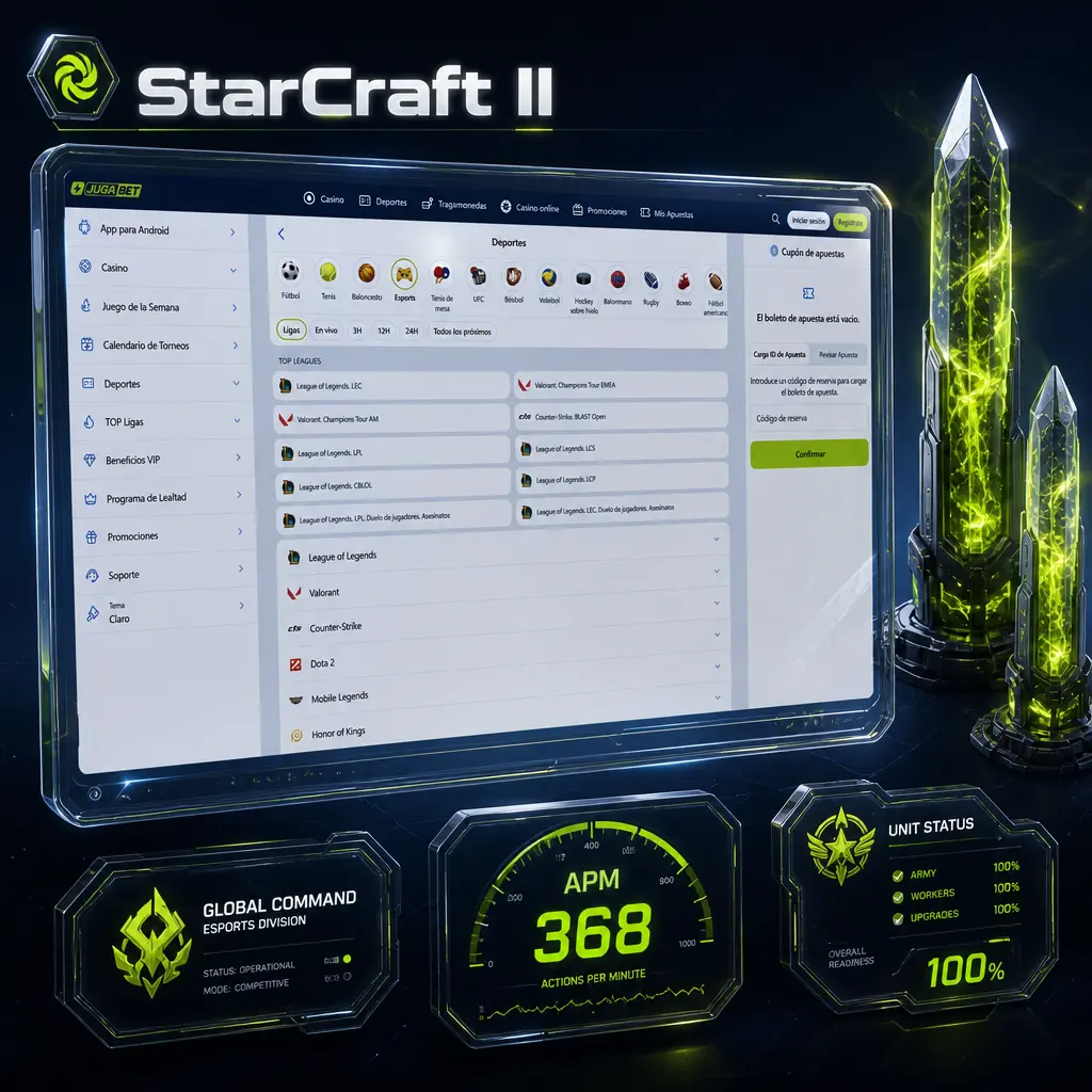 Duelo de StarCraft II entre dos jugadores; apuestas en Jugabet para IEM Katowice, GSL, ESL SC2 Open Cup, DreamHack y WCS.
