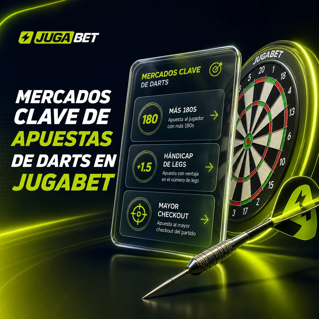 Mercados de apuestas de darts en Jugabet: ganador, hándicap, total de 180s y checkout más alto.