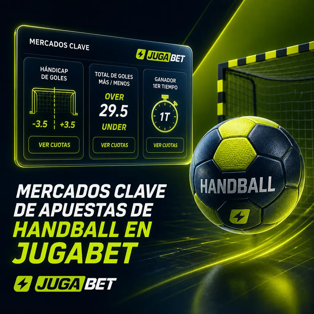 Mercados de apuestas de handball en Jugabet: hándicap, ganador, total de goles, descanso/final y margen de victoria.