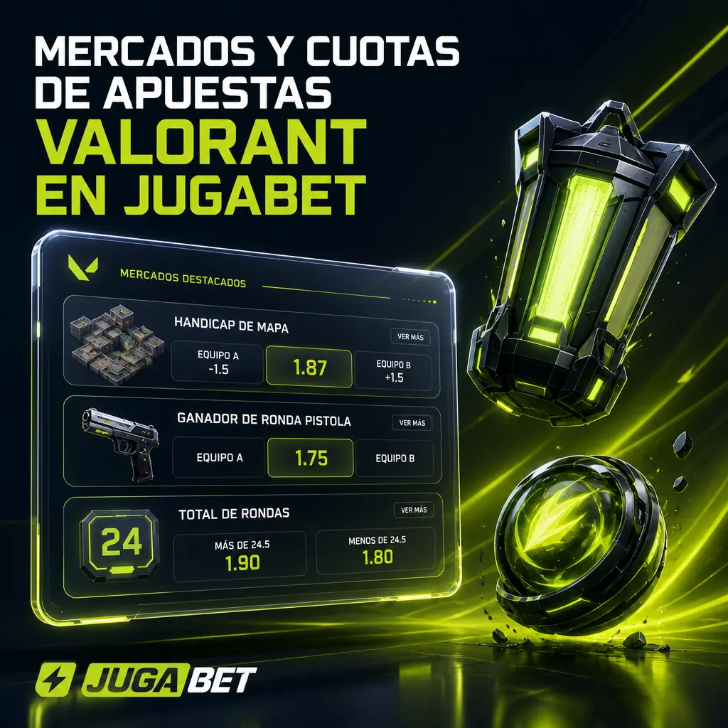 Mercados y cuotas de apuestas Valorant en Jugabet: moneyline, hándicap de mapa, total de rondas y props de kills.