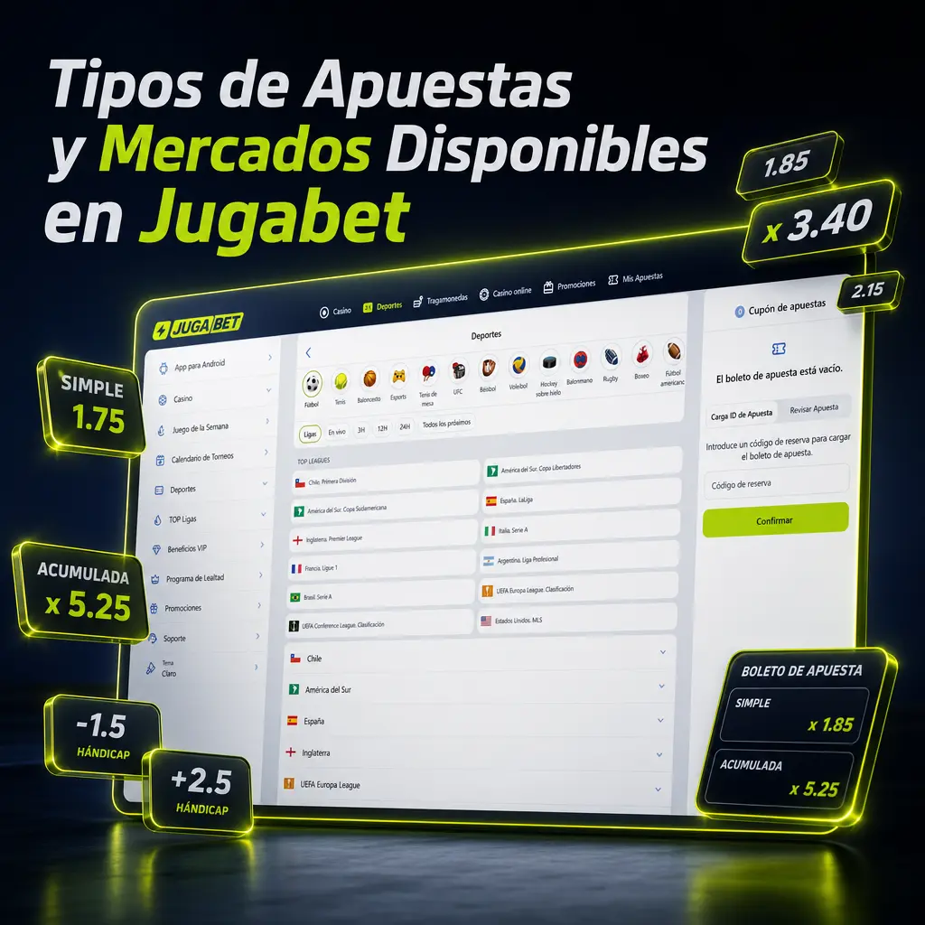 Tipos de apuestas en Jugabet: simple, combinada, sistema, hándicap asiático y over/under explicados.